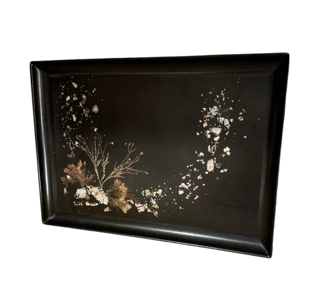Vintage inlaid mother of pearl sea fan tray: Vintage black lacquer serving tray with a mother of pearl inlay depicting sea fans and coral. DIMENSIONS: 15.25"W x 10.75"D x 0.75"H