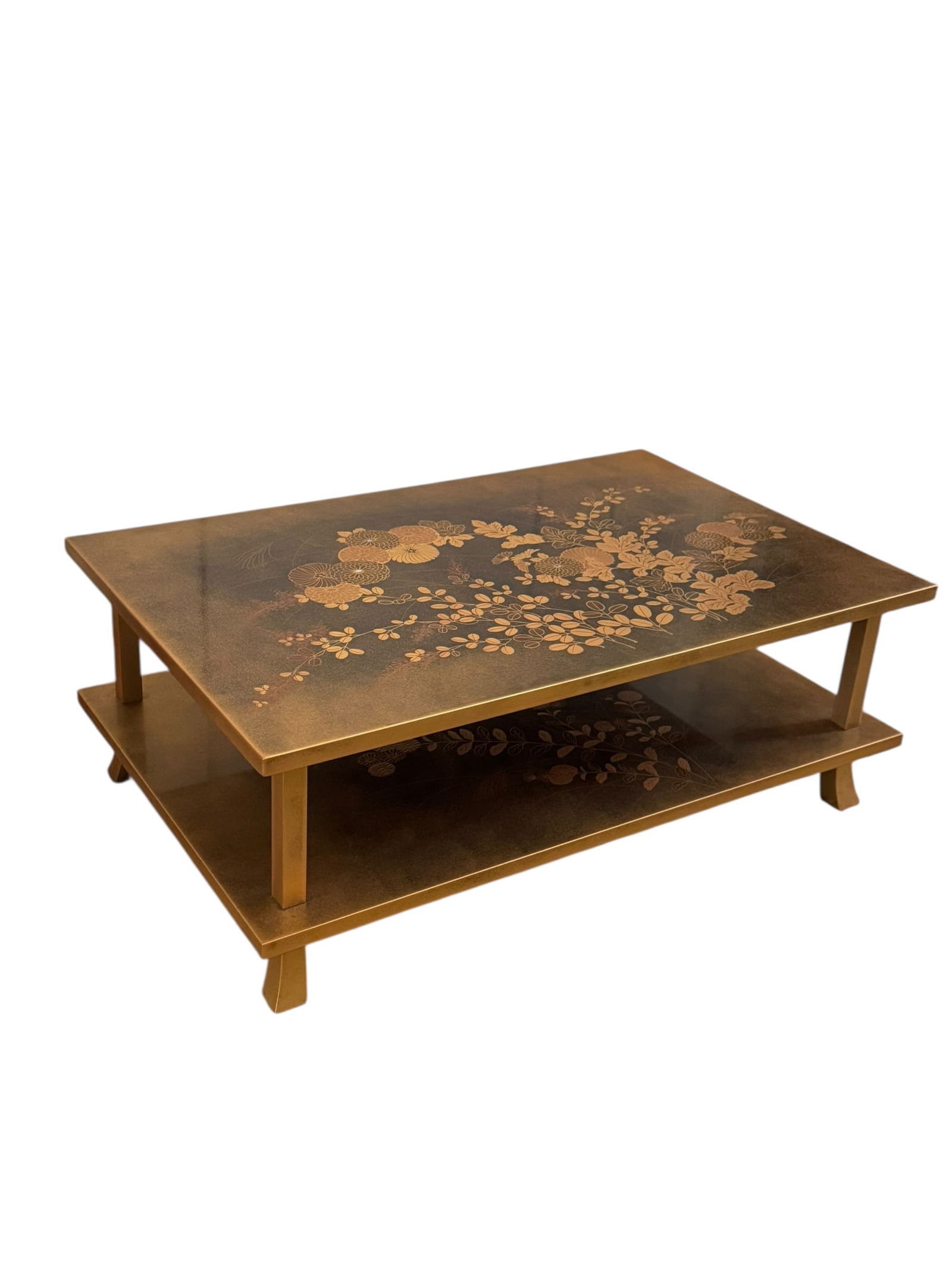 An antique Japanese 2-tier gold lacquered floral tray/stand: An antique Japanese 2-tier gold lacquered floral tray/stand. DIMENSIONS: 20.5”W x 13”D x 7.5”H