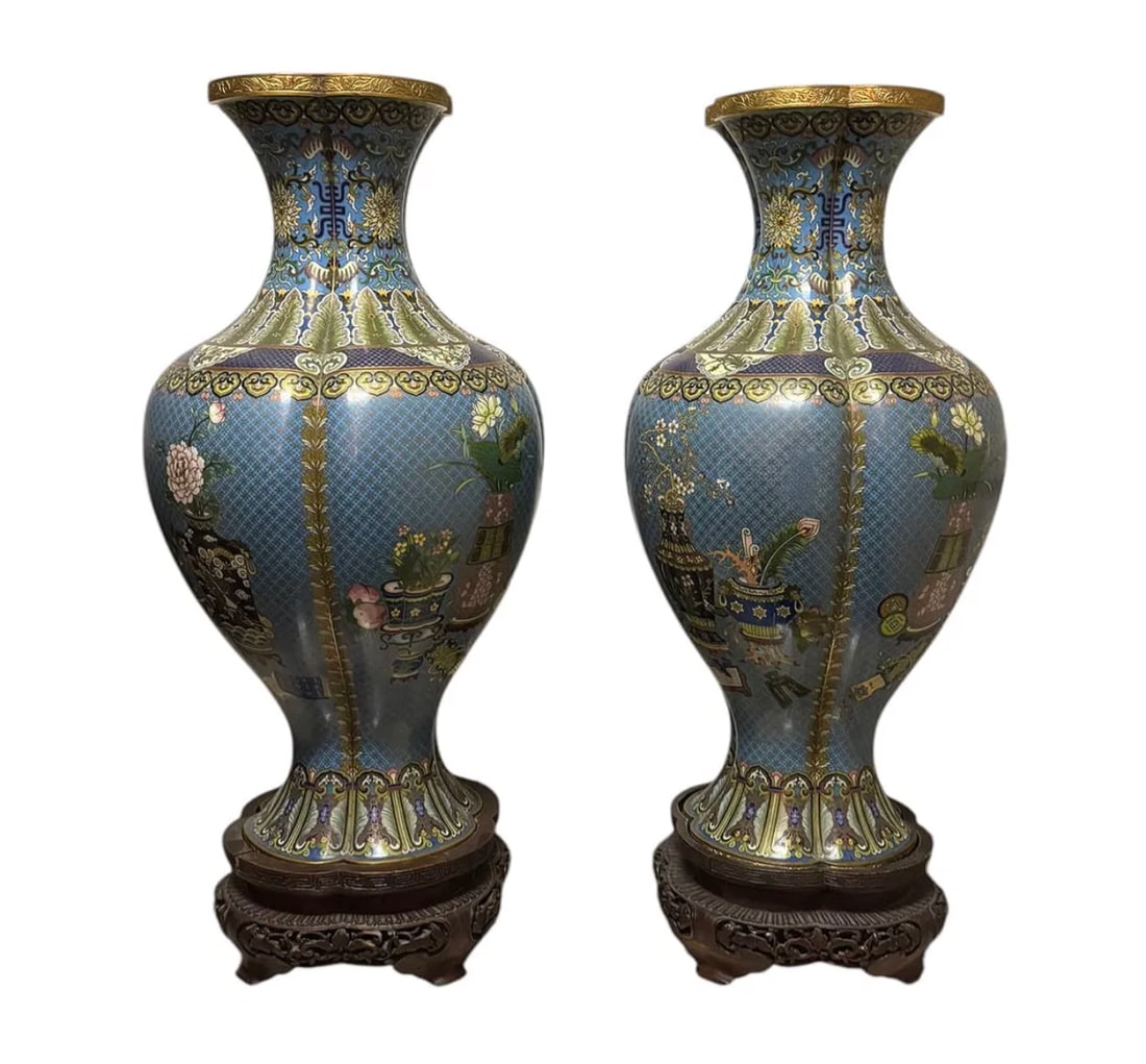 Pair of exquisite antique Chinese cloisonne vases on carved rosewood stands (1 of 5)