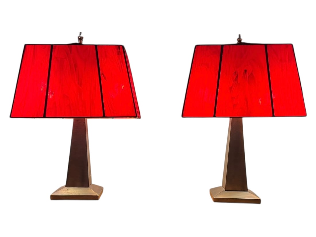 Pair of mid-century modern red stained glass table lamps: Pair of mid-century modern red stained glass table lamps. DIMENSIONS: 24"H Base- 6.25"W x 6.25"D Shades- 16"W x 8.5"D x 9.75”H. This item is located in NYC.