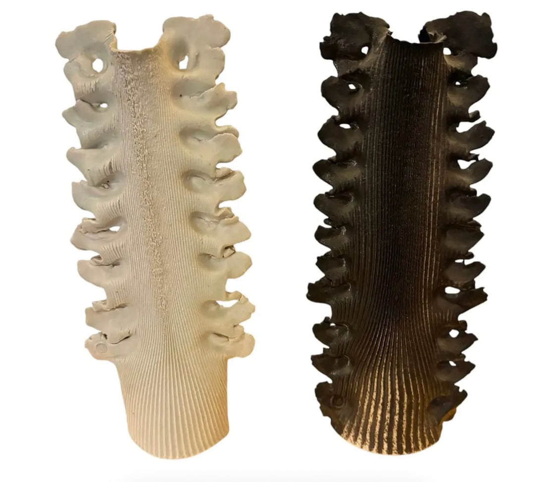 Pair Christa Gebhardt "Once Upon a Time" collection vases: Pair Christa Gebhardt "Once Upon a Time" Collection Vases. DIMENSIONS: 4.25"W x 2.25"D x 10.75"H