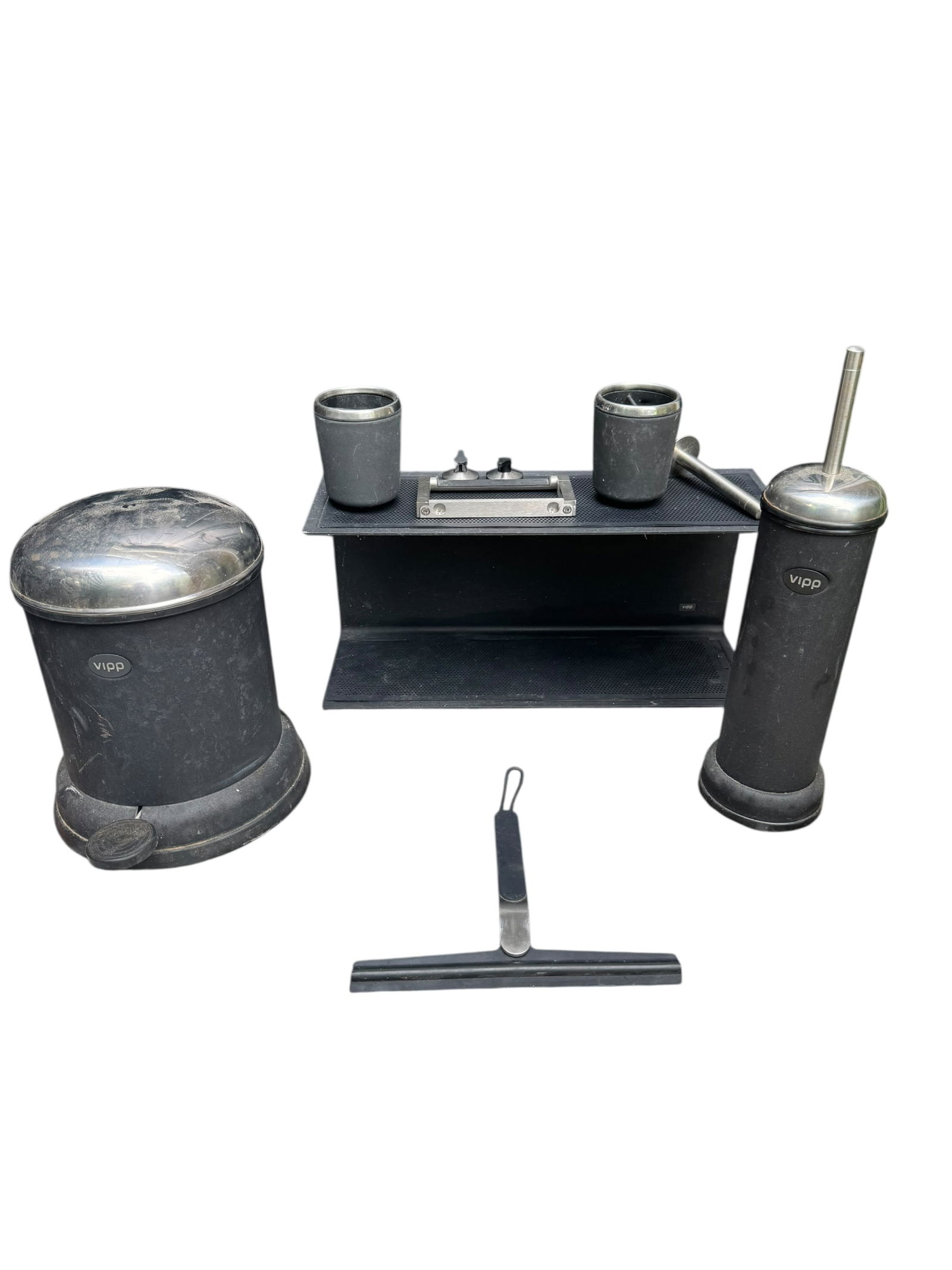 Assorted vintage items from Vipp: Assorted 10 Items from Vipp. Includes: Iconic Brushed Metal Petal Bin Trash Can, 2-Tier Shelf, 2 Storage Cups, Squeegee, Toilet Roll Holder, Spare roll holder, 2 Suction Cups, and a Toilet Brush in Br