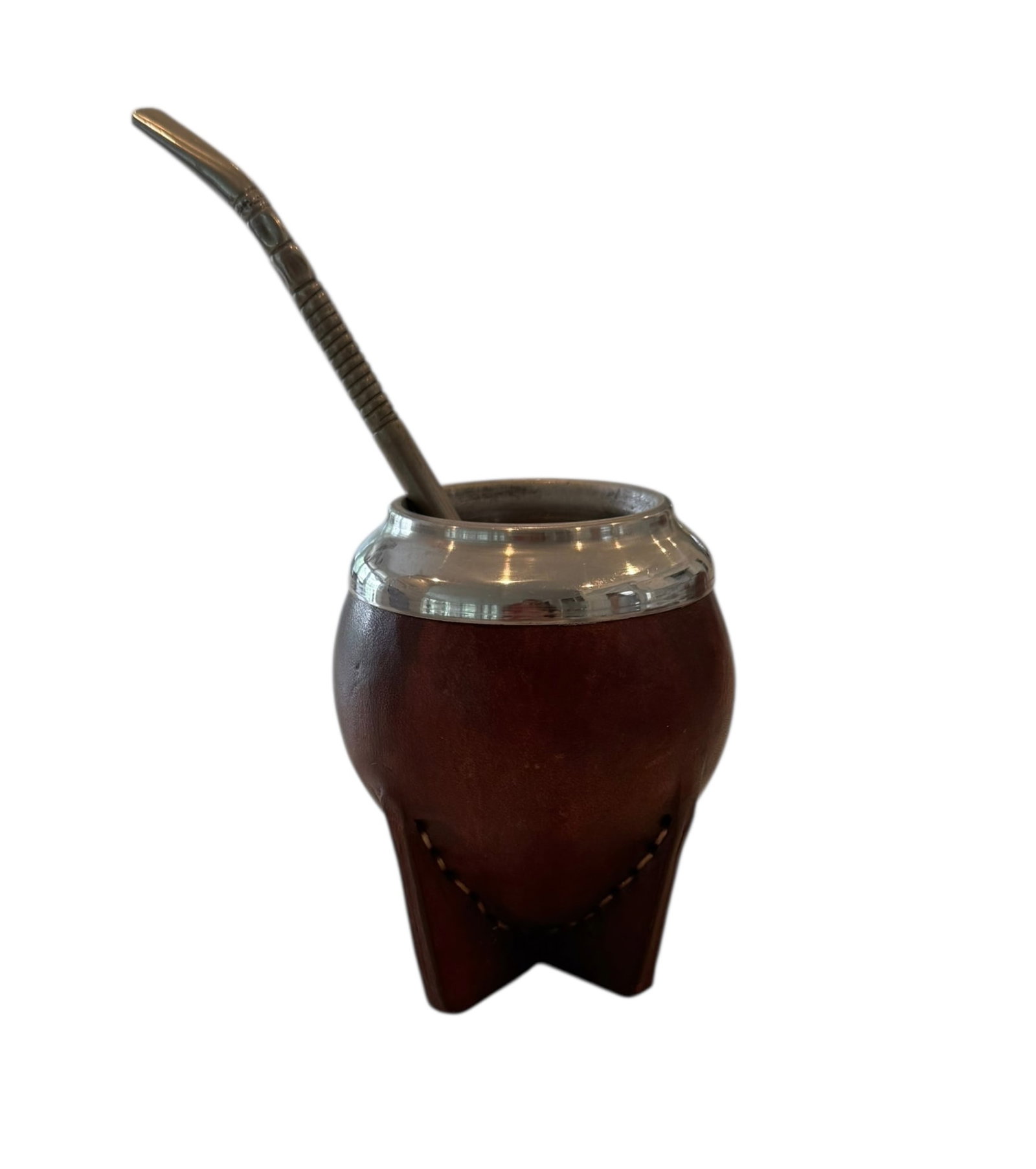Leather and metal herbamate cup: Leather and metal herbamate cup. DIMENSIONS: 2.5 x 4.25" Straw 6.5"L
