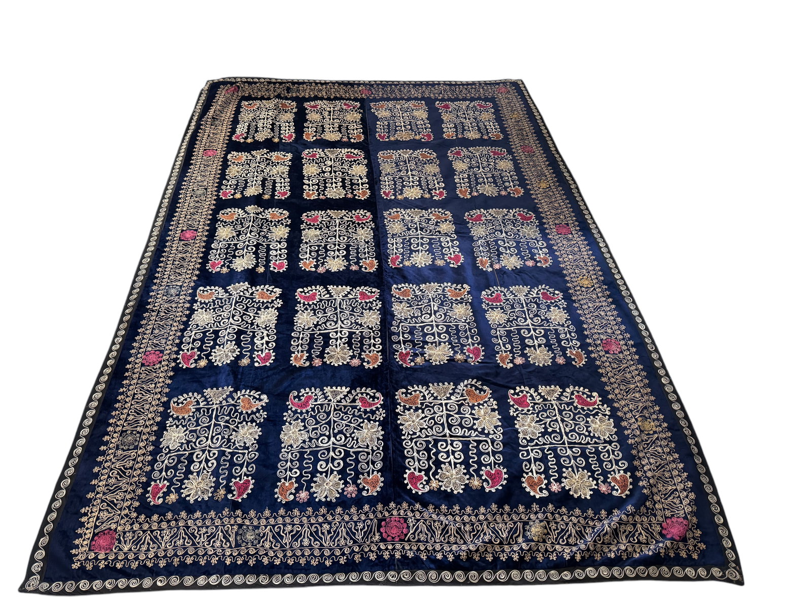 Antique blue velvet suzani: Antique blue velvet suzani. DIMENSIONS: 71"W x 109.5"L