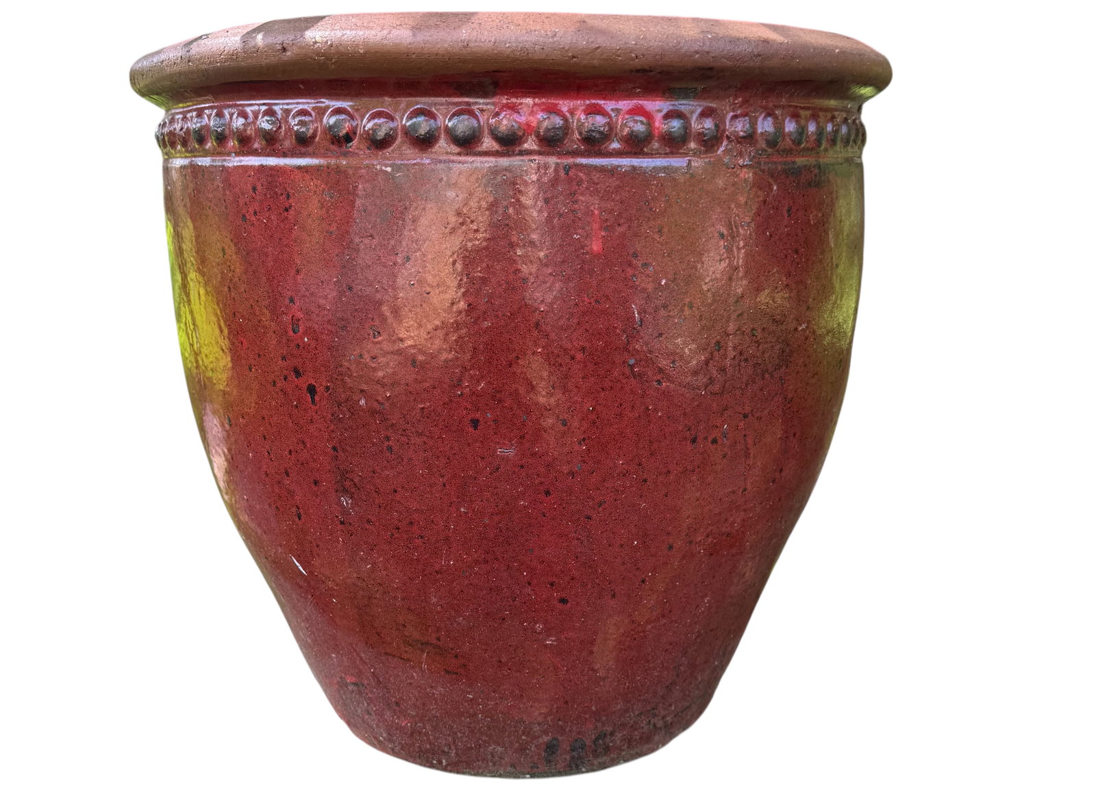 An exquisite, large, red glazed ceramic garden pot with a raised beaded detail around the top (1 of 3)