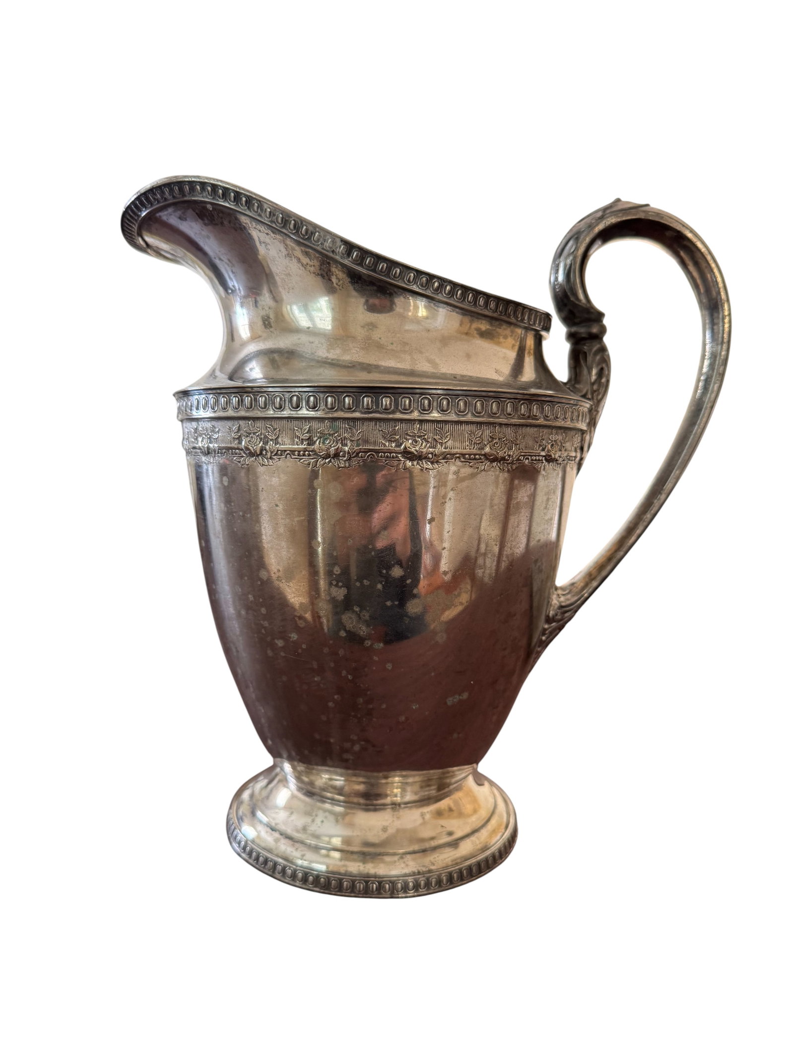 Silver plate water pitcher with a beautiful floral detail border (1 of 5)