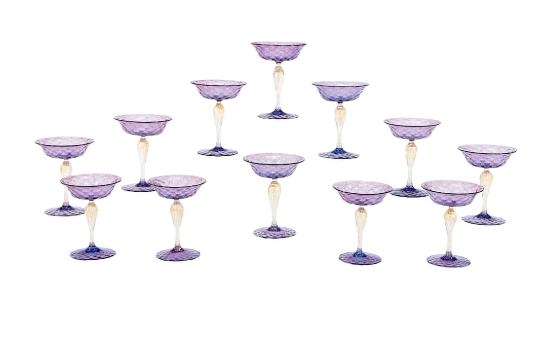 12 Salviati venetian amethyst champagne/compotes with gold leaf inclusions: 12 Salviati venetian amethyst champagne/compotes with gold leaf inclusions. DIMENSIONS: 4.5"D x 5.8"H