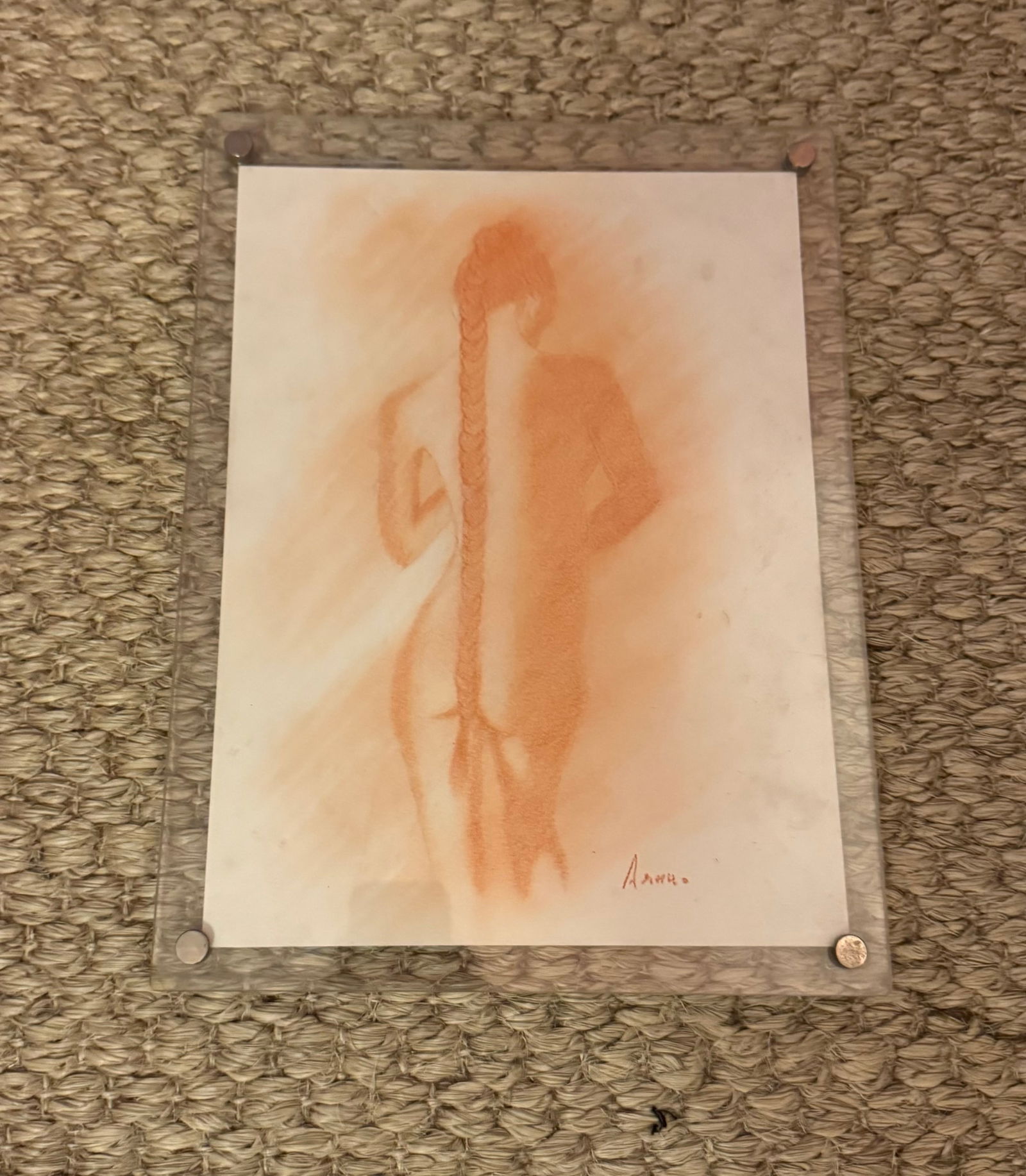 "Lady After the Bath" orange charcoal on paper (framed in lucite): Lady After the Bath orange charcoal on paper. Framed in lucite. DIMENSIONS: 11"W x 14”H. This item is located in NYC.