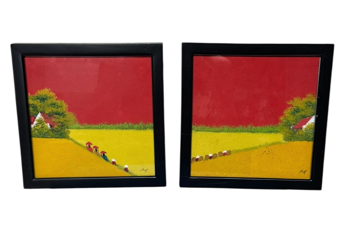 Pair of red and yellow Vietnamese paintings: Pair of red and yellow Vietnamese paintings. DIMENSIONS: 9"W x 9"H x 1"D