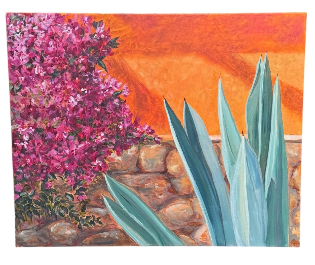 An unframed oil on canvas southwest painting depicting a garden scene with agave and bougenvilla: An unframed oil on canvas southwest painting depicting a garden scene with agave and bougenvilla. DIMENSIONS: 30"W x 0.5"D x 24.5"H