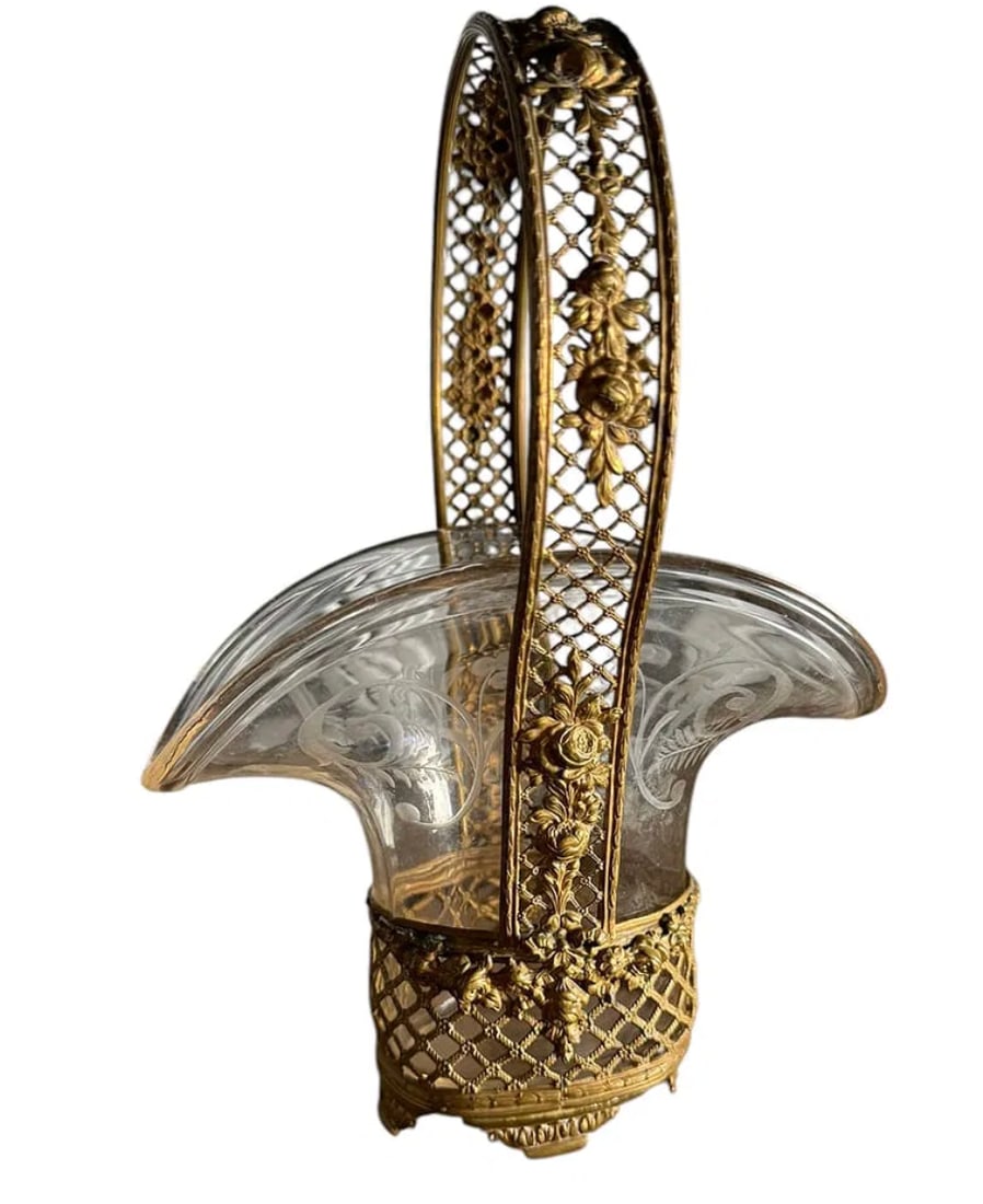 Baccarat dore bronze ormolu crystal glass basket centerpiece: Baccarat dore bronze ormolu crystal glass basket centerpiece. DIMENSIONS: 6.5"W x 5"D x 10"H
