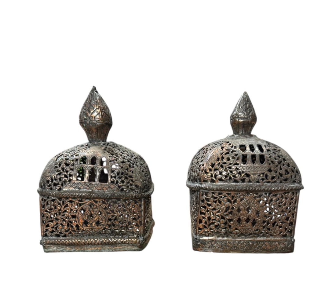 Pair of filigeed copper candle covers: A pair of beautiful filigreed copper candle covers. Perfect for outdoor dining.