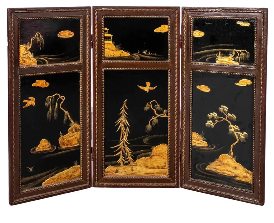 An antique 3 panel Chinese chinoiserie table screen (1 of 5)