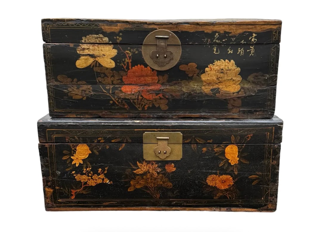 Pair of vintage painted wood Chinoiserie trunks (1 of 5)