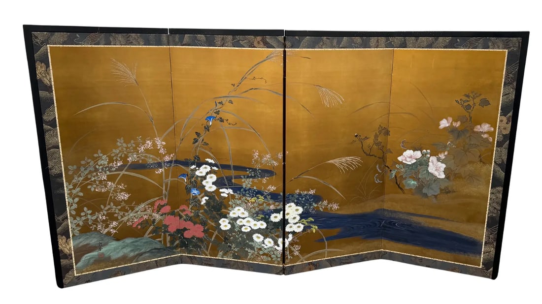 Antique 4-Panel Japanese screen depicting a spring garden scene: Antique 4-Panel Japanese screen depicting a spring garden scene. DIMENSIONS: 66.25"W x 0.5"D x 36"H