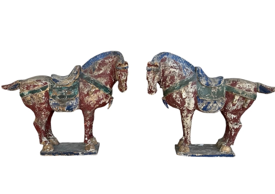 Pair of large antique Chinese polychrome Tang Dynasty horse statues: Pair of large antique Chinese polychrome Tang Dynasty horse statues. DIMENSIONS: 28"L x 7"W x 23.5"H