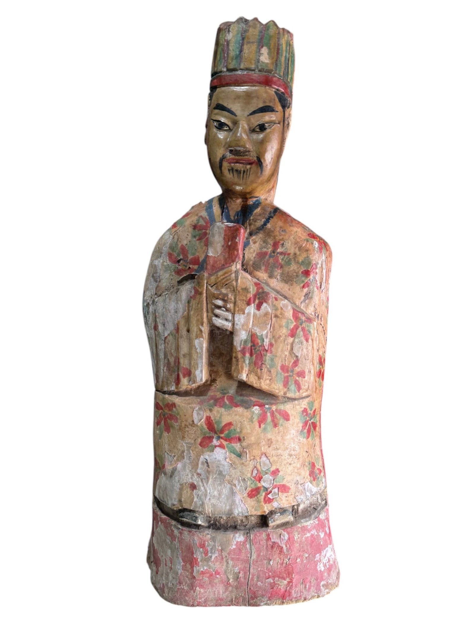 Antique Chinese wood scholar statue: A large antique Chinese scholar statue. Polychrome on carved cypress. DIMENSIONS: 10"W x 6"D x 26"H