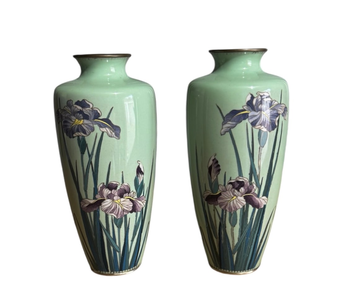 Pair of antique Japanese cloisonne iris vases: Pair of antique Japanese cloisonne iris vases