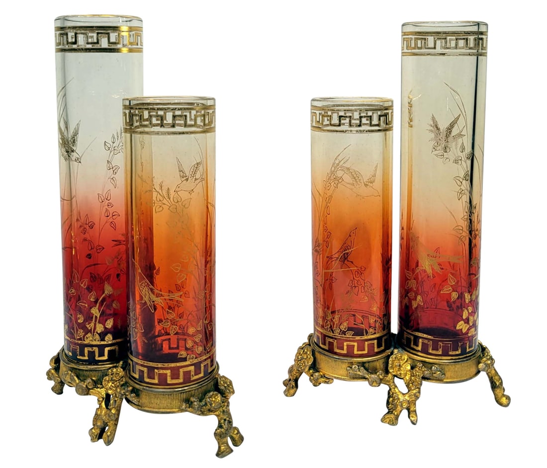 Pair of Maison Baccarat japonisme ormolu mounted double vases: Pair of Maison Baccarat japonisme ormolu mounted double vases. DIMENSIONS: 5"W x 2"D x 8.5”H. This item is located in NYC.
