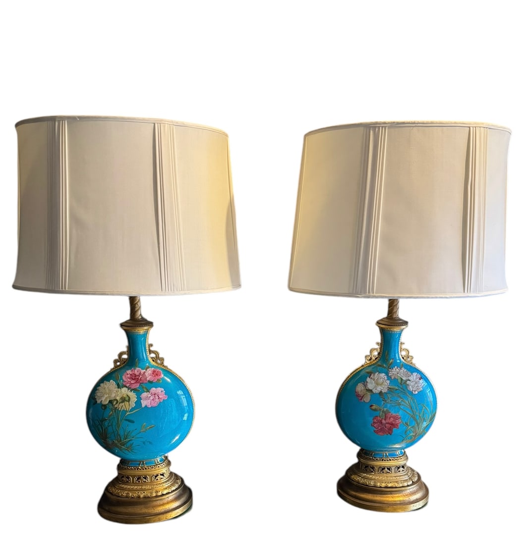 Pair of very rare Minton vases mounted into lamps: Pair of very rare Minton vases mounted into lamps. Custom silk shades and fuschia glass finials. Newly rewired. DIMENSIONS: Lamps- 8.75"W x 7.25"D x 35"H. Shades- 18.25"W x 14"D (Base) 16"W x 14"D (To