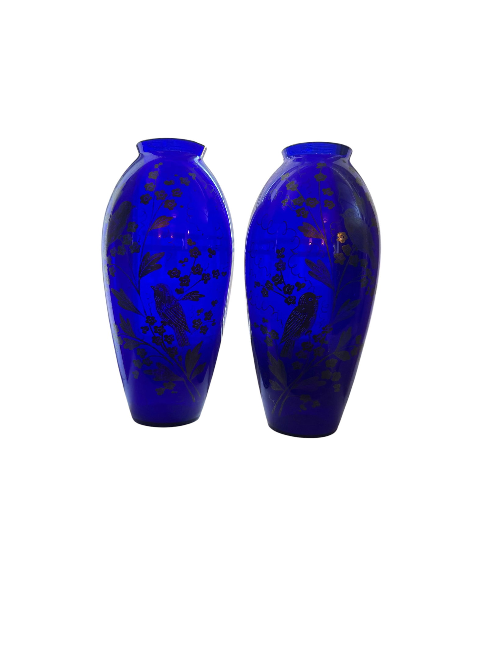 Pair of cobalt chinoiserie etched glass vases (1 of 7)