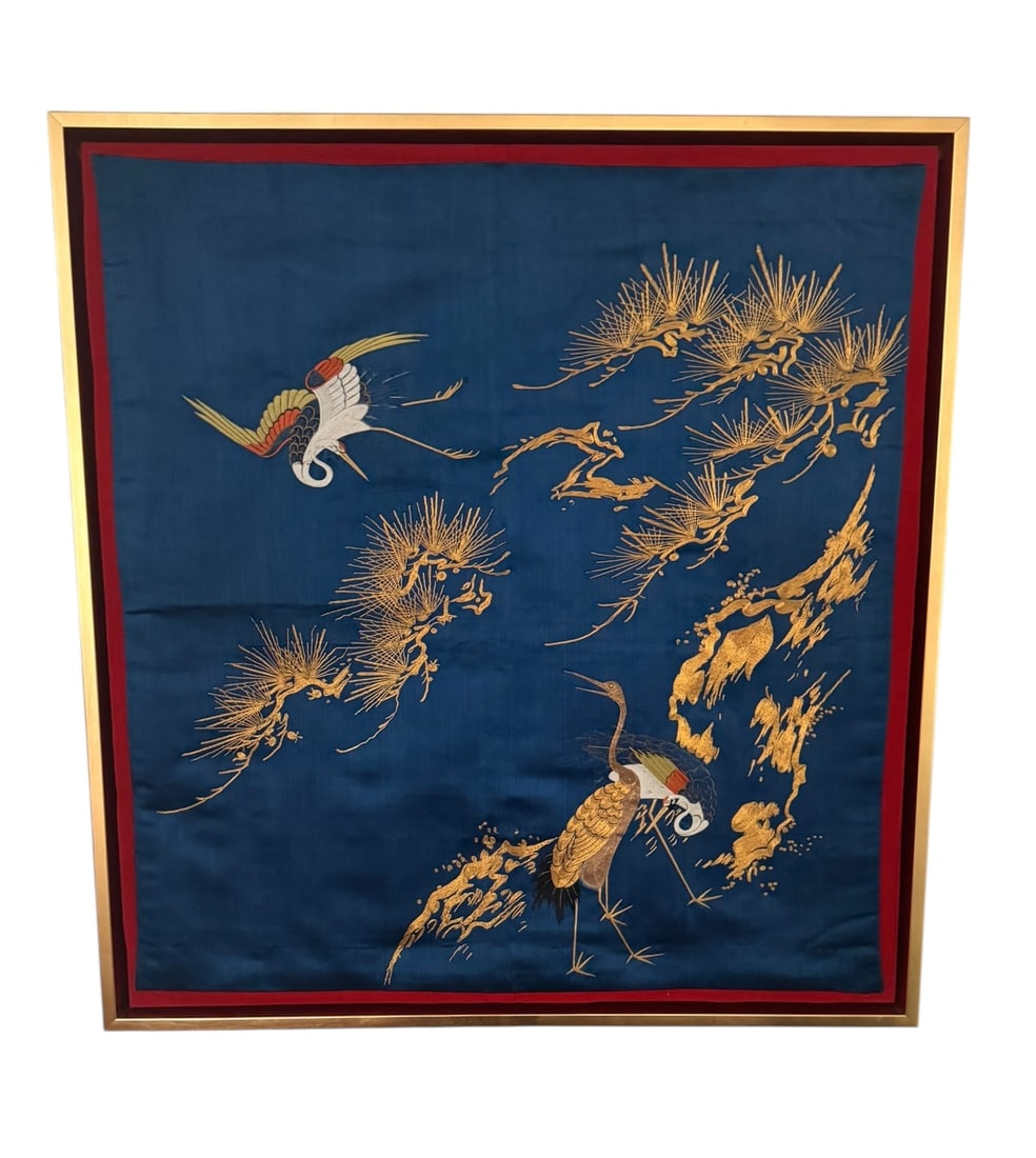 An antique Japanese embroidered panel depicting cranes (1 of 11)