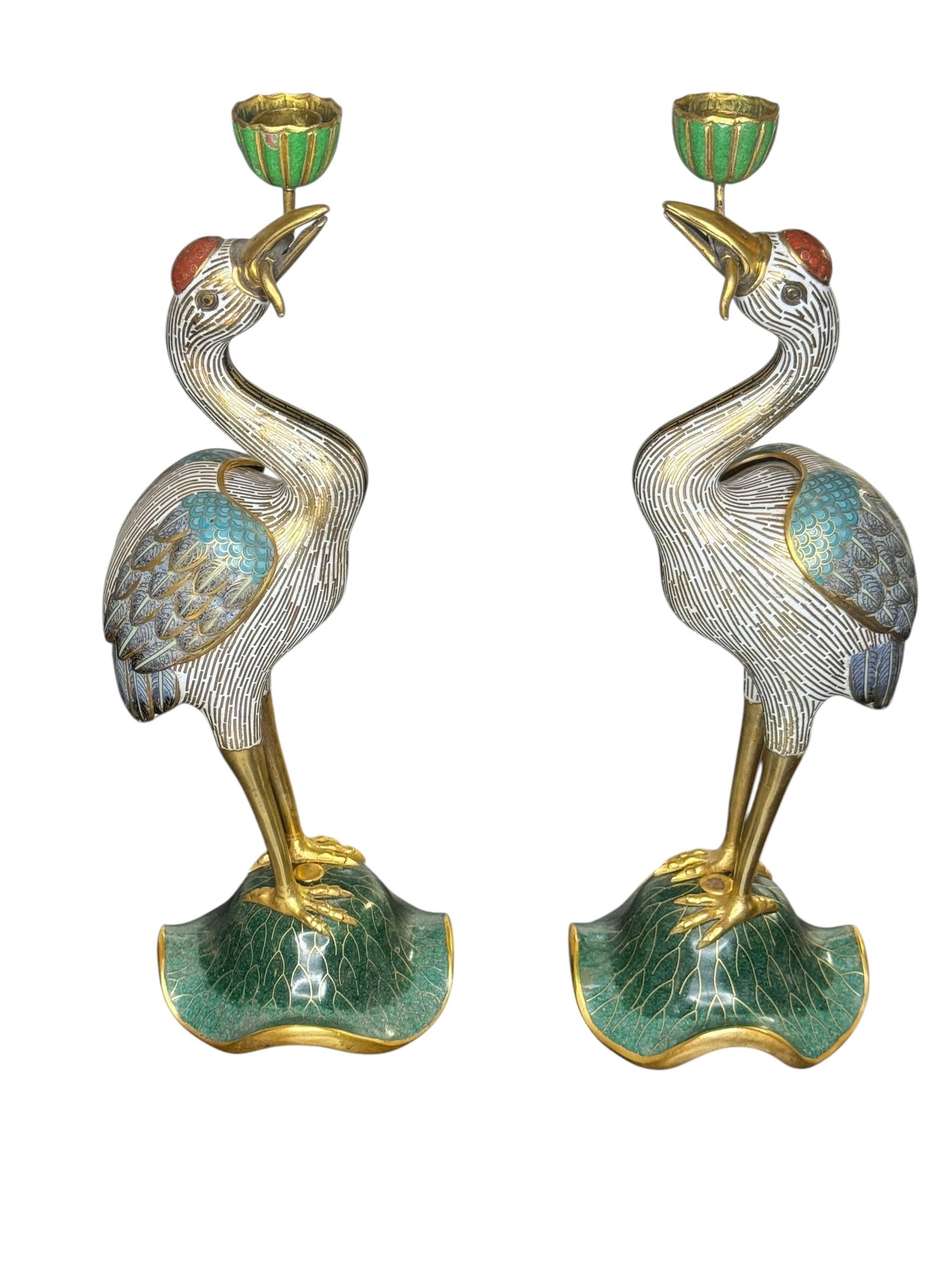 Pair of Antique cloisonne crane insense burners or candle holders (1 of 12)