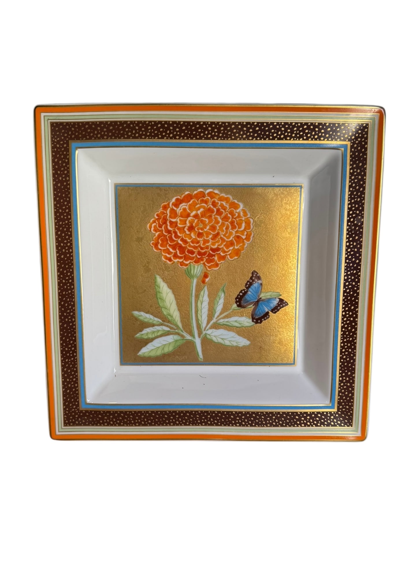 Bernardaud cachepot with a butterfly and flower motif: Bernardaud cachepot with a butterfly and flower motif. DIMENSIONS: 8.38"W x 8.38"D x 1.25"H