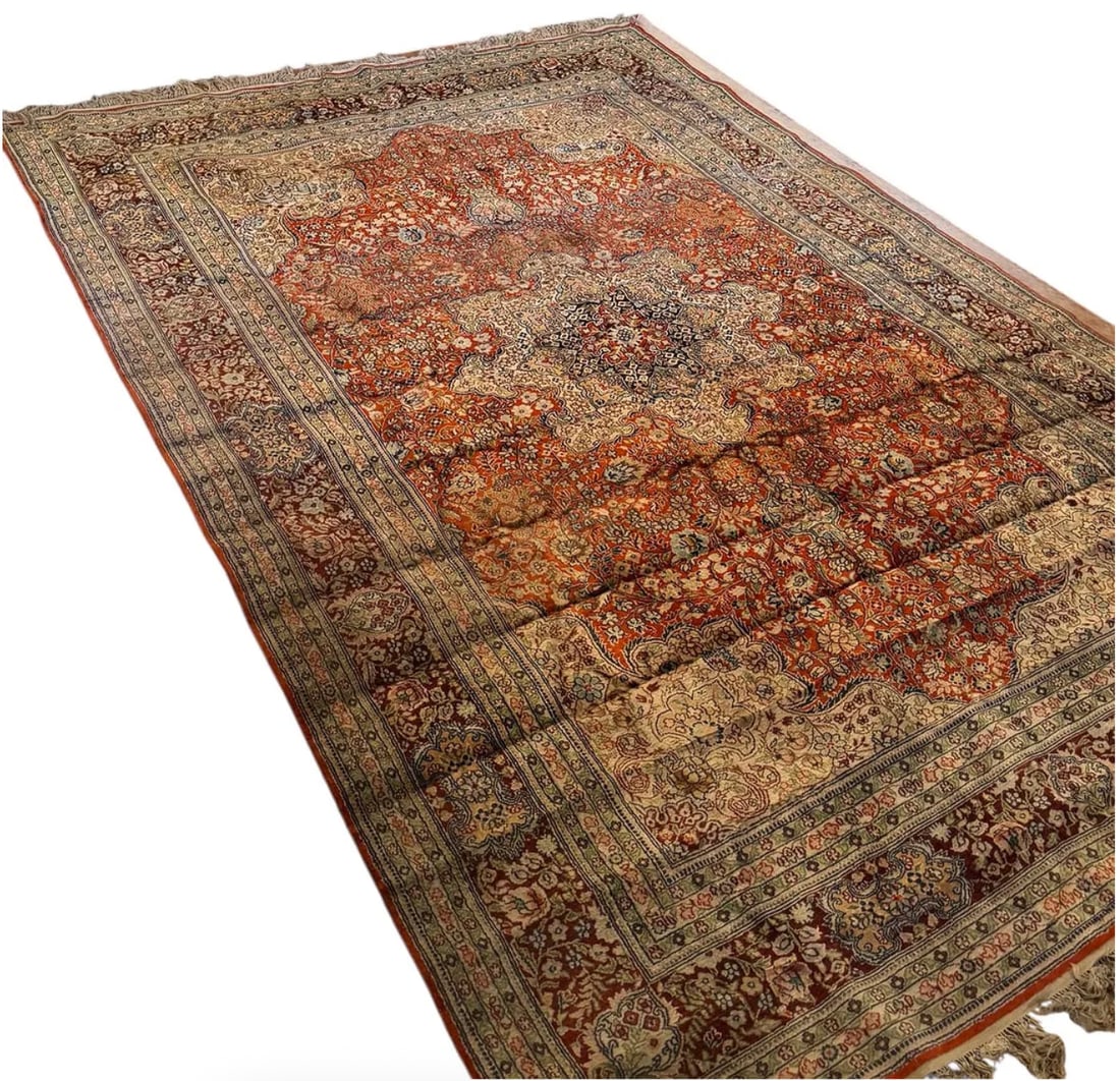 Orange Chinese silk rug: Orange Chinese silk rug. DIMENSIONS: 73.5"W x 107"L