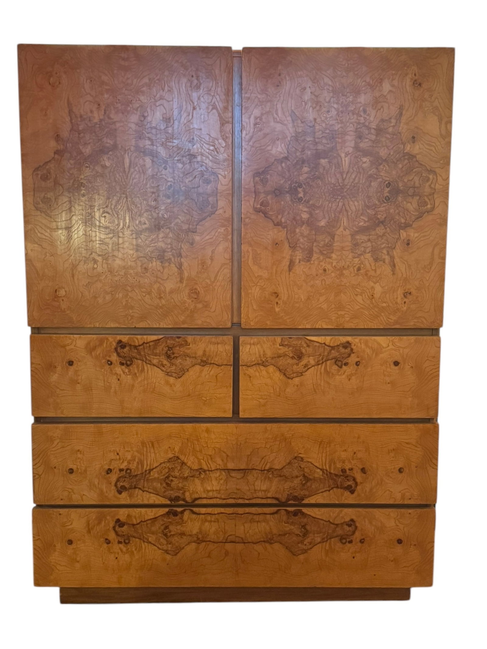 Vintage burl wood gentlemen’s chest by Lane: Vintage burl wood gentlemen’s chest by Lane. DIMENSIONS: 42"W x 18.25"D x 57.5"H