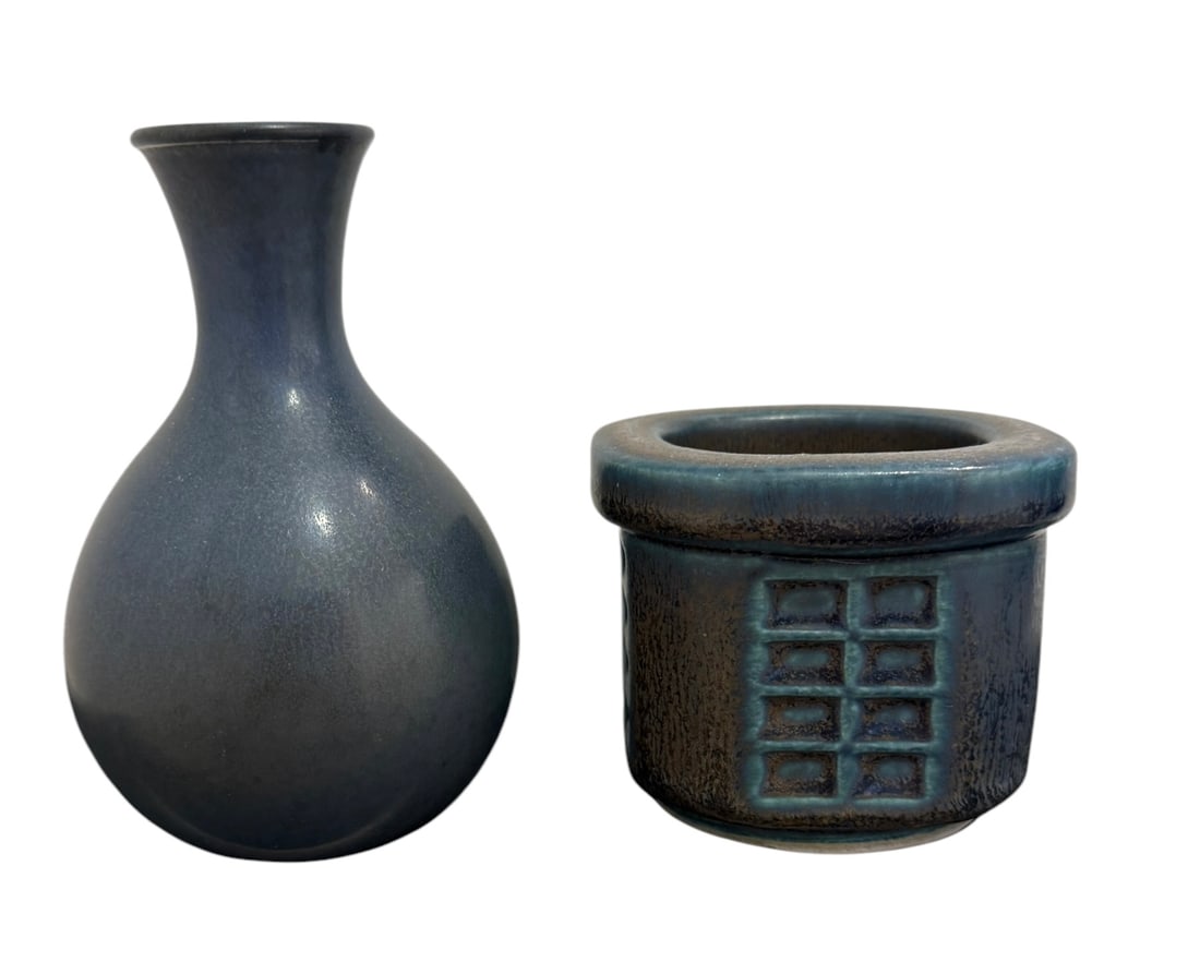 Sven Wejsfelt blue vase and Wilhelm Kage blue bowl: Sven Wejsfelt blue vase and Wilhelm Kage blue bowl DIMENSIONS: 3"W x 3"D x 4.75"H 1.75"D (Base). Wilhelm Kage Blue Bowl DIMENSIONS: 3.25"W x 3.25"D x 2.75"H