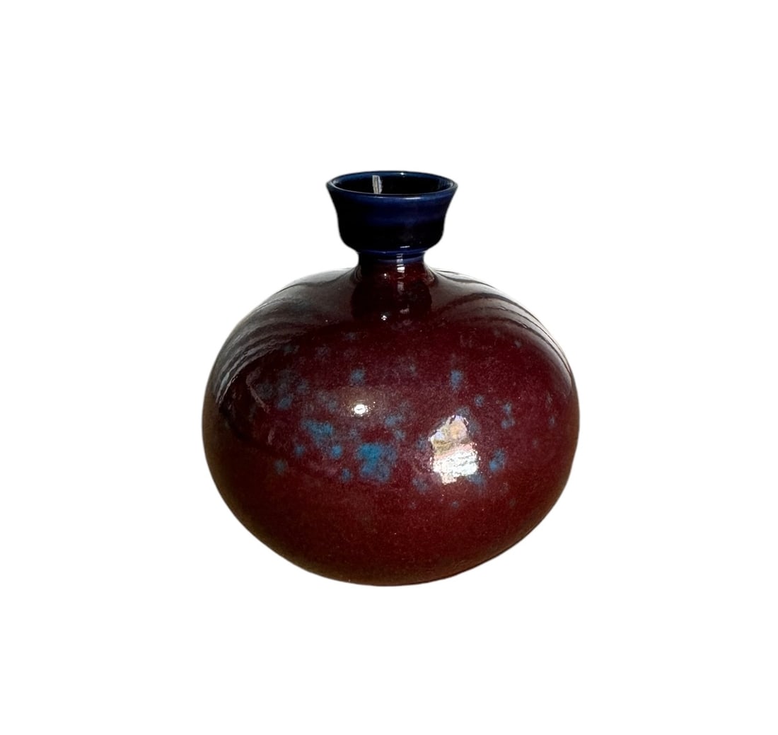 Bernt Friberg purple vase with spotted blue glaze: Bernt Friberg purple vase with spotted blue glaze. DIMENSIONS: 3.3"W x 3.3"D x 4"H