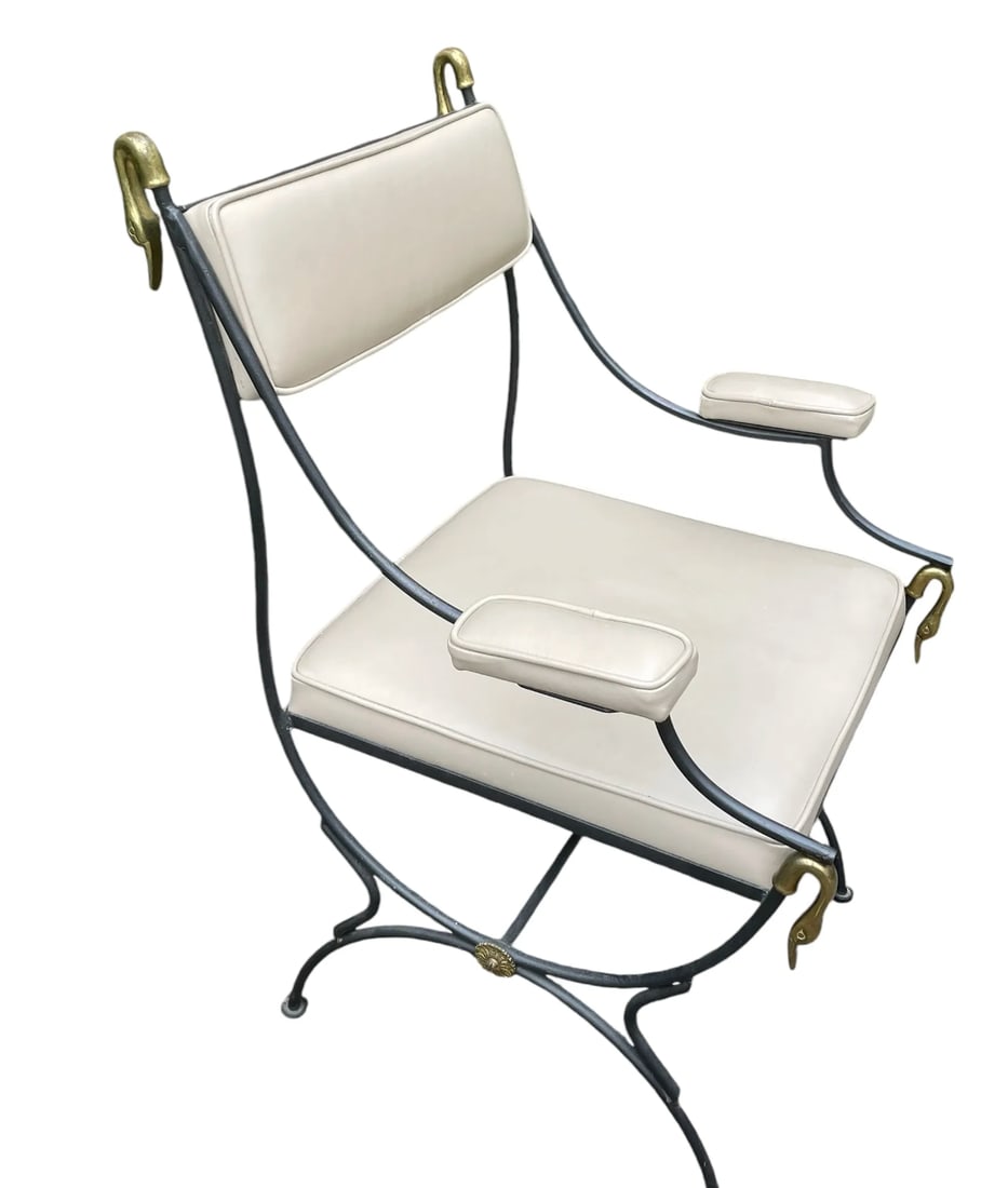 Vintage Jansen style iron and leather swan chair: Vintage Jansen style iron and leather swan chair. DIMENSIONS: 18.25"W x 22"D x 34.75"H