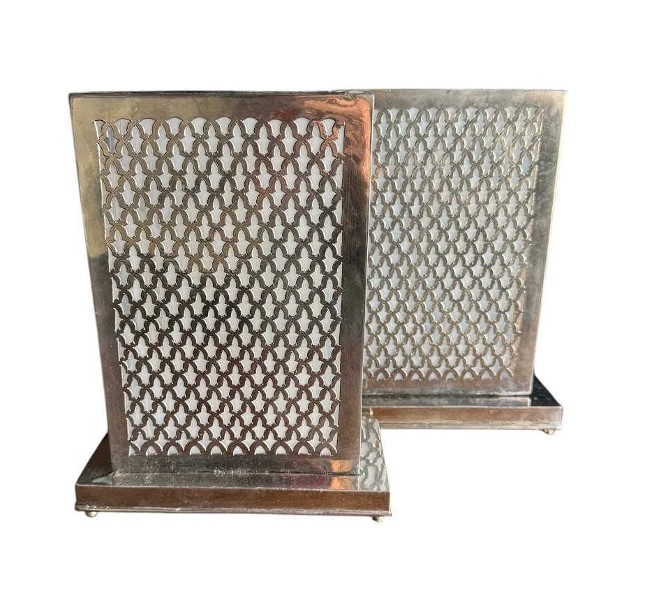A pair of vintage Moroccan table lamps with new white swirled glass: A pair of vintage Moroccan table lamps with new white swirled glass. DIMENSIONS: 9.5"W x 4"D x 11.75"H