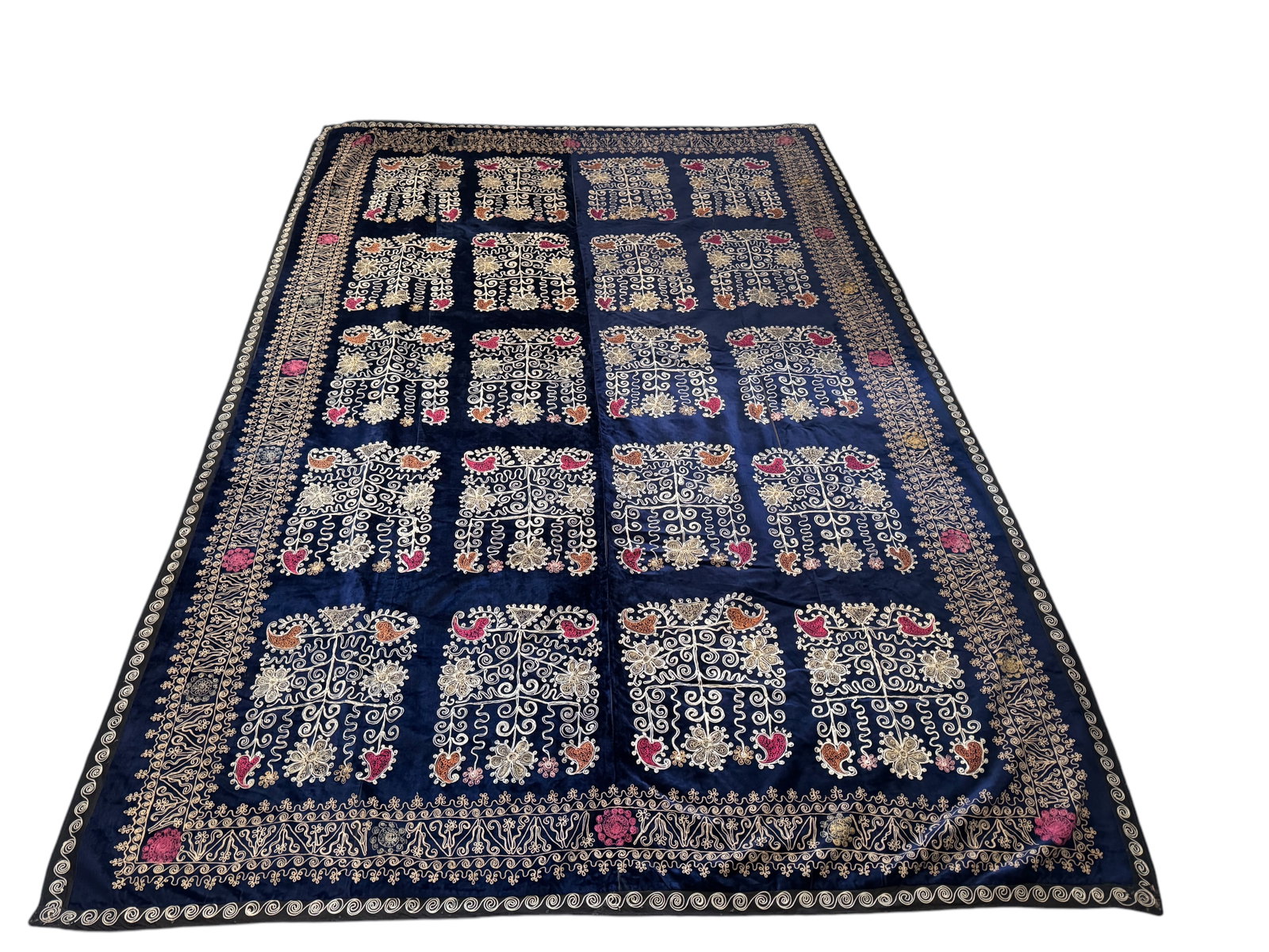 Antique blue velvet suzani: Antique blue velvet suzani. DIMENSIONS: 71"W x 109.5"L