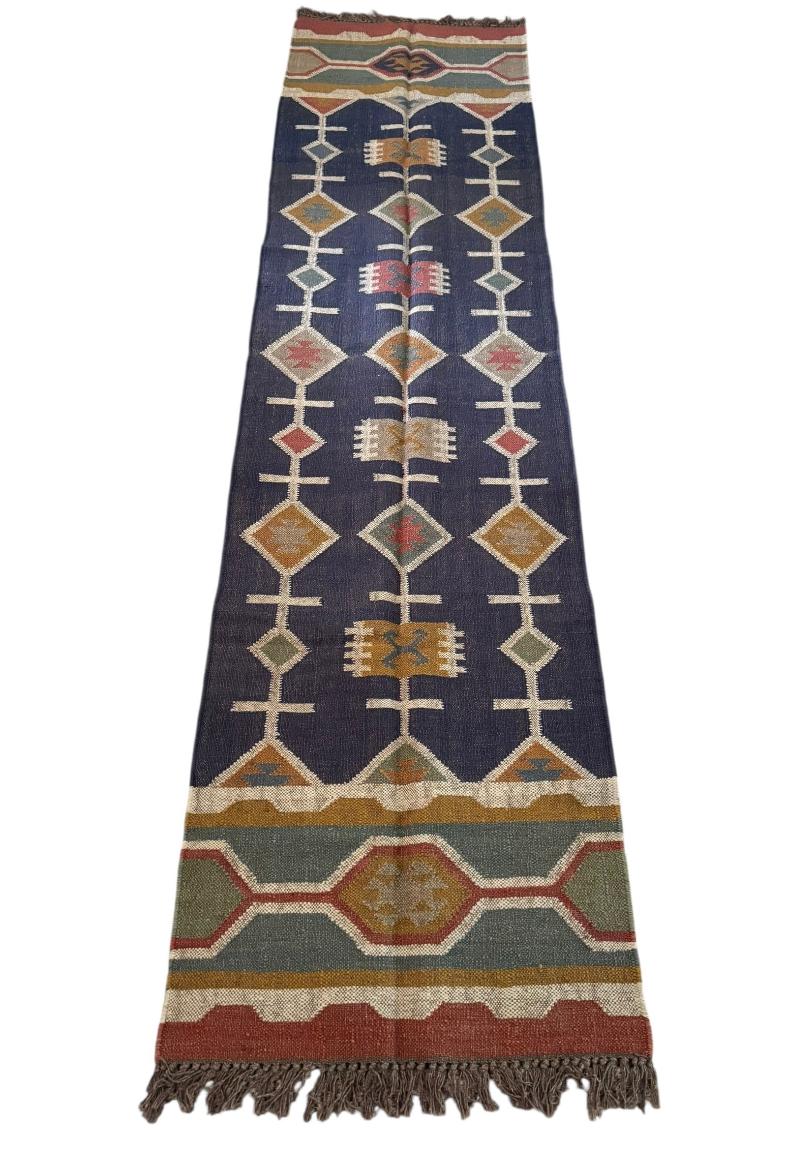Vintage blue Rajasthani kilim: Vintage blue Rajasthani kilim. DIMENSIONS: 30" x 123”