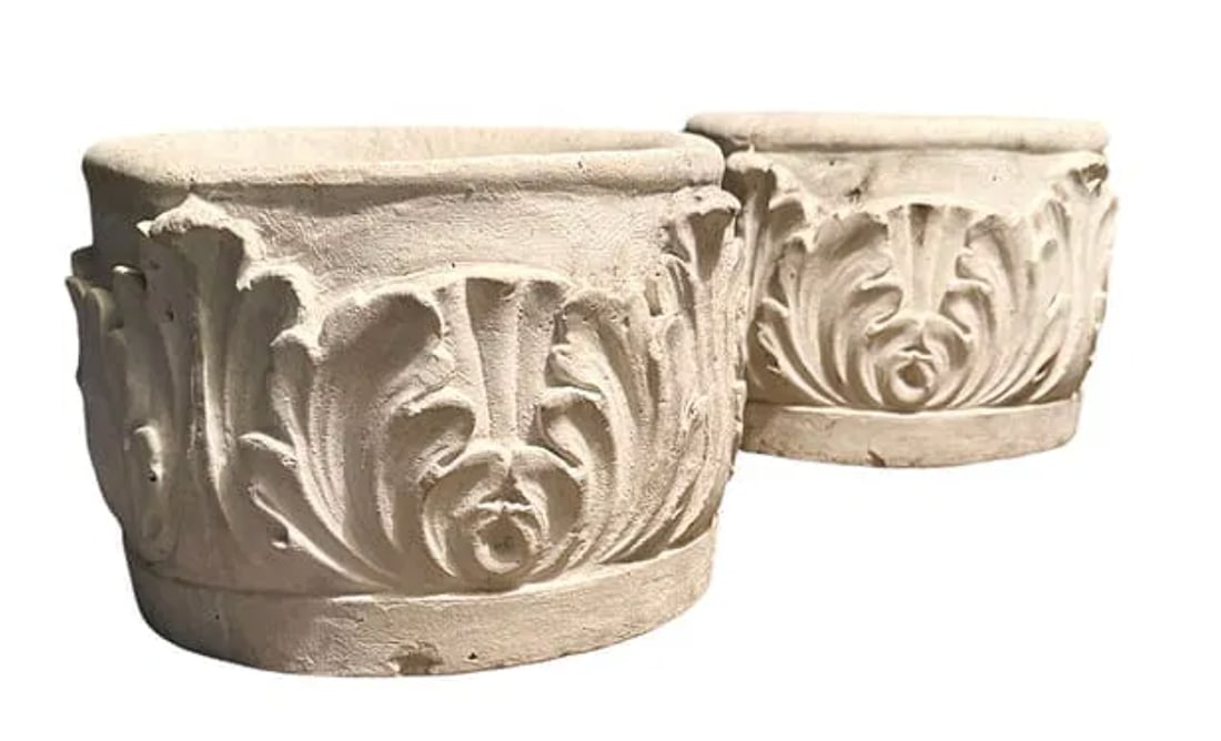 Pair of antique heavy white stone acanthus planters (1 of 3)