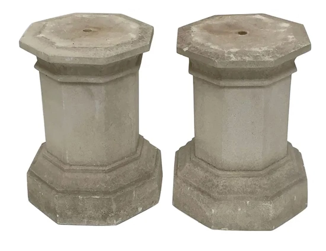 A pair of English stone octagonal pedestals: A pair of English stone octagonal pedestals. DIMENSIONS: 15"D x 19"H