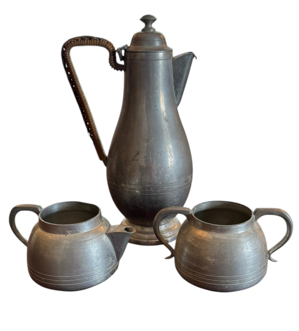 Antique steel tea set with bamboo detail (pot with cream and sugar bowls) (1 of 4)