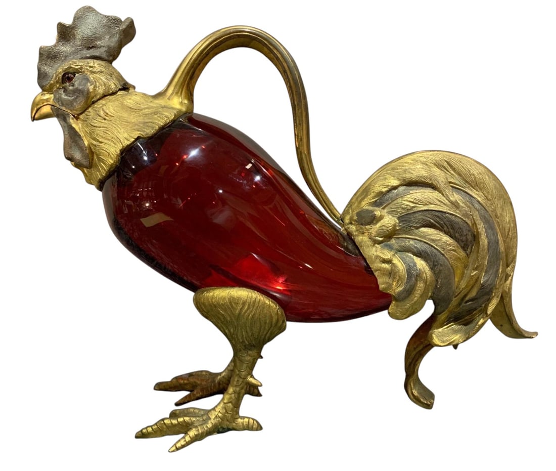 Rare ruby glass rooster decanter: Rare ruby glass rooster decanter. DIMENSIONS: 14"W x 4.75"D x 10.5"H