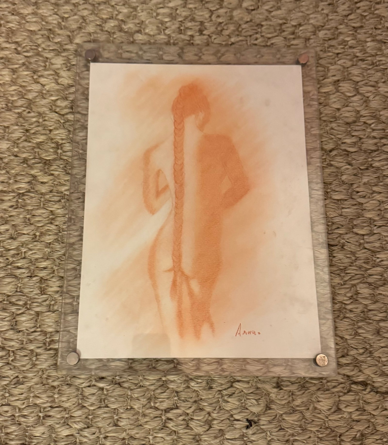 "Lady After the Bath" orange charcoal on paper (framed in lucite): Lady After the Bath orange charcoal on paper. Framed in lucite. DIMENSIONS: 11"W x 14”H. This item is located in NYC.