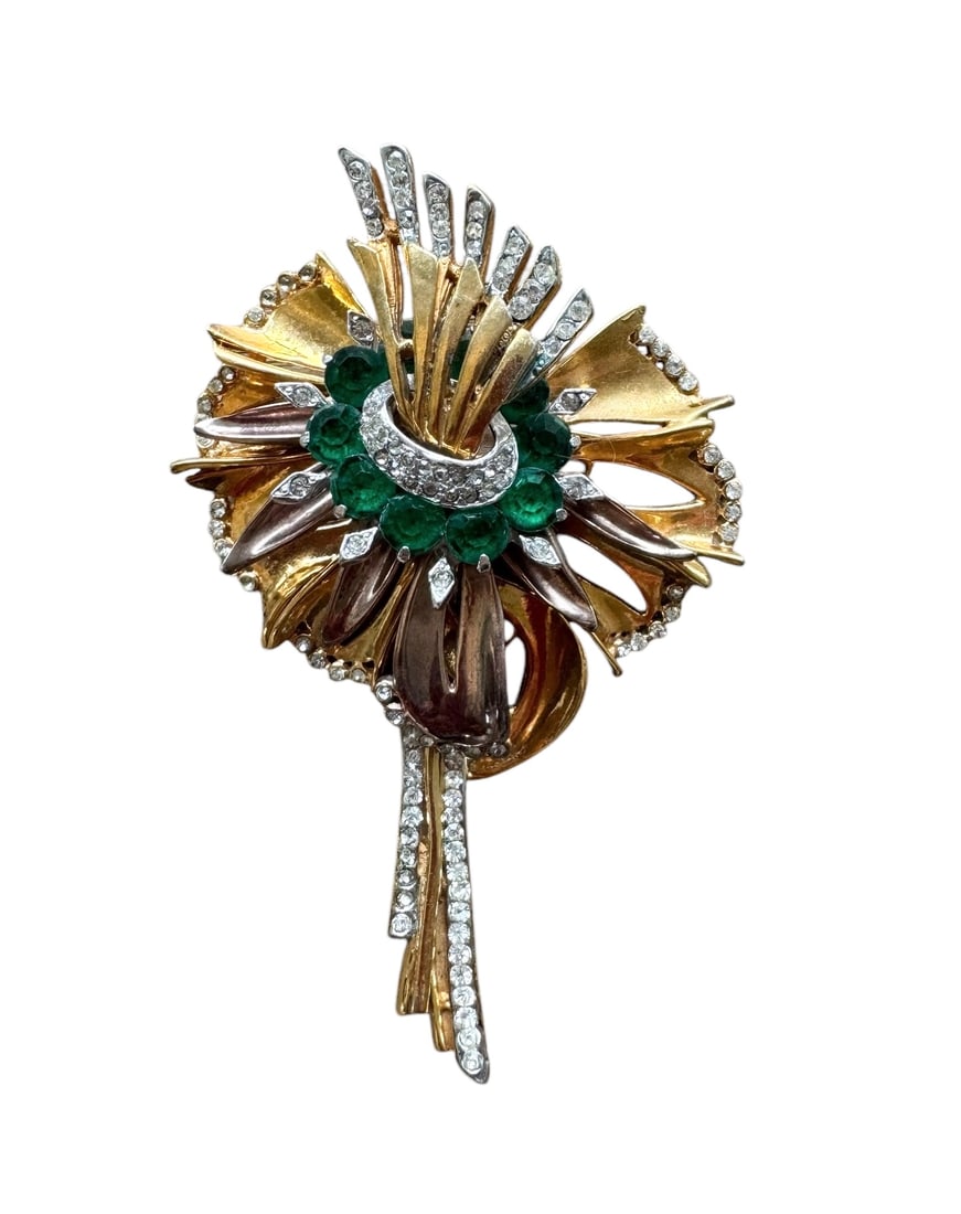 Large vintage flower brooch: A beautiful, large vintage flower brooch with faux emerald and diamond stones