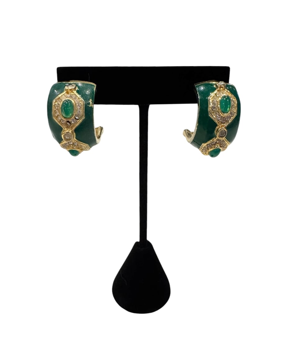 Green enamel hoop earrings: A pair of vintage green emamel hoop earrings