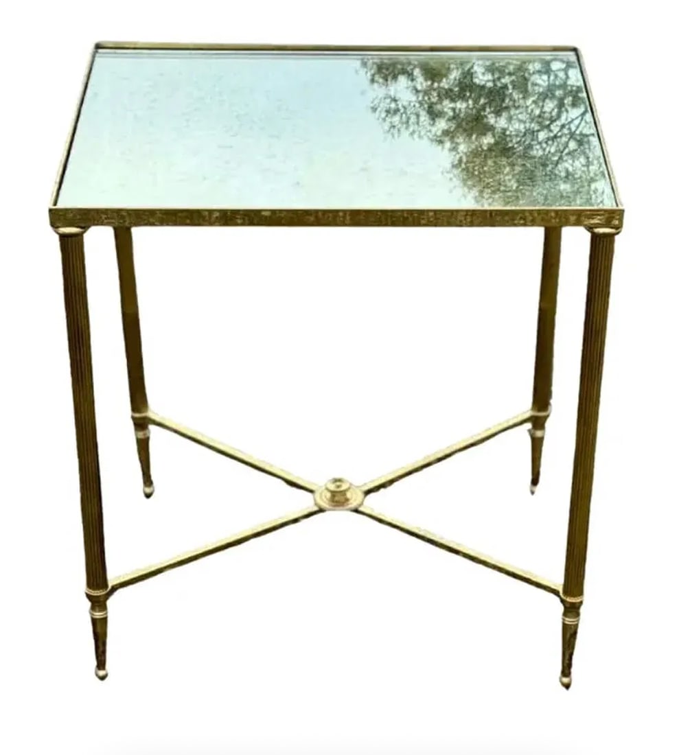 Antique neoclassical Jansen style Italian brass x-base side table with mirrored top (1 of 3)