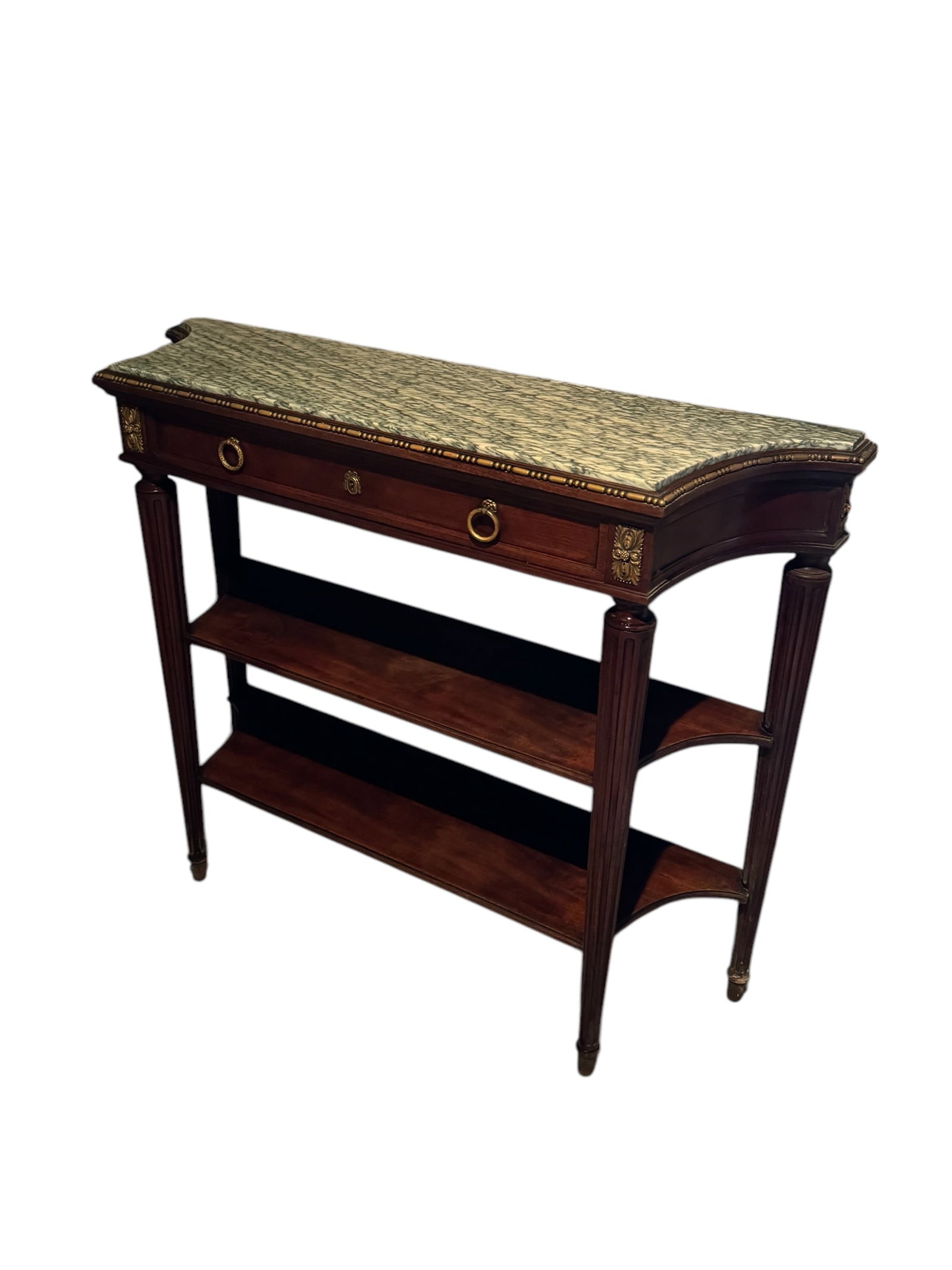 A spectacular antique Louis XVI console with a green and white marble top and brass accents: A spectacular antique Louis XVI console with a green and white marble top and brass accents. DIMENSIONS: 48"W x 14"D x 39"H