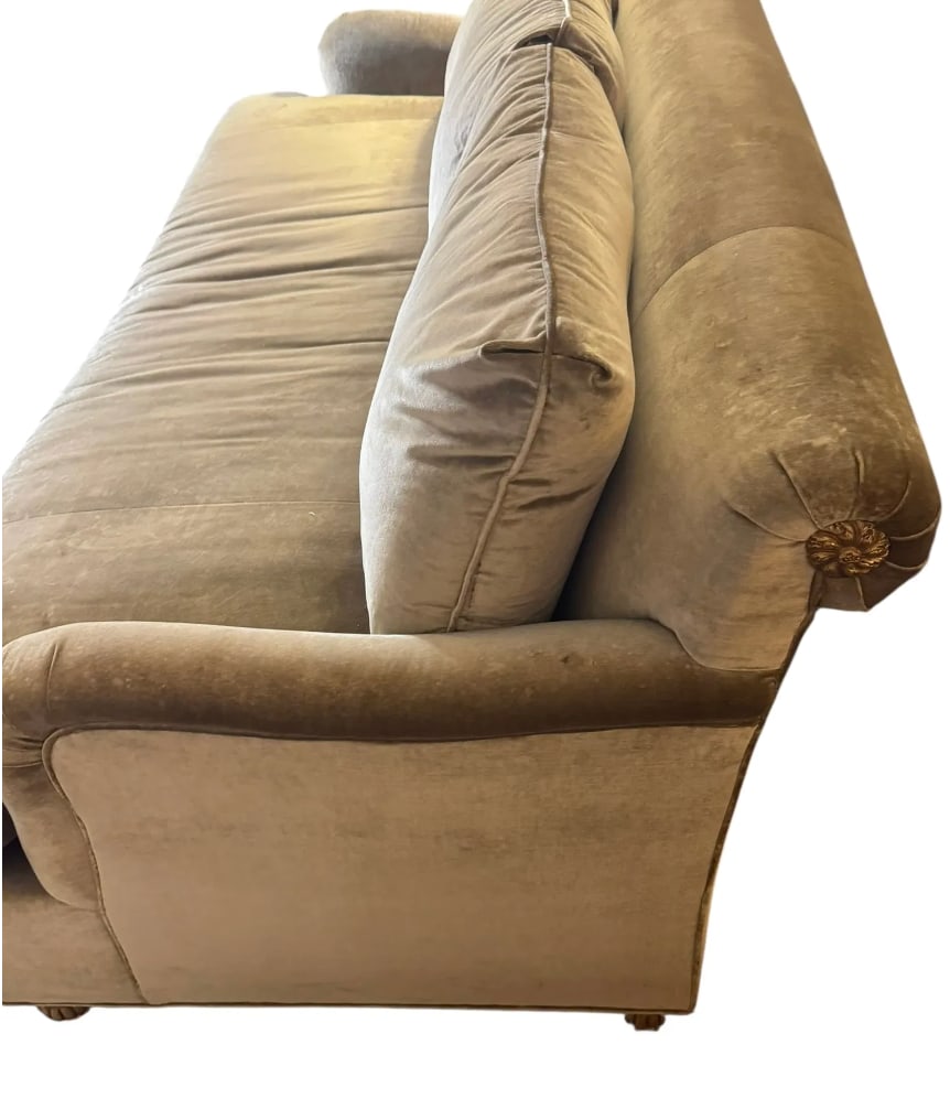 Custom 7ft scroll back velvet sofa with ormolu detail - 2