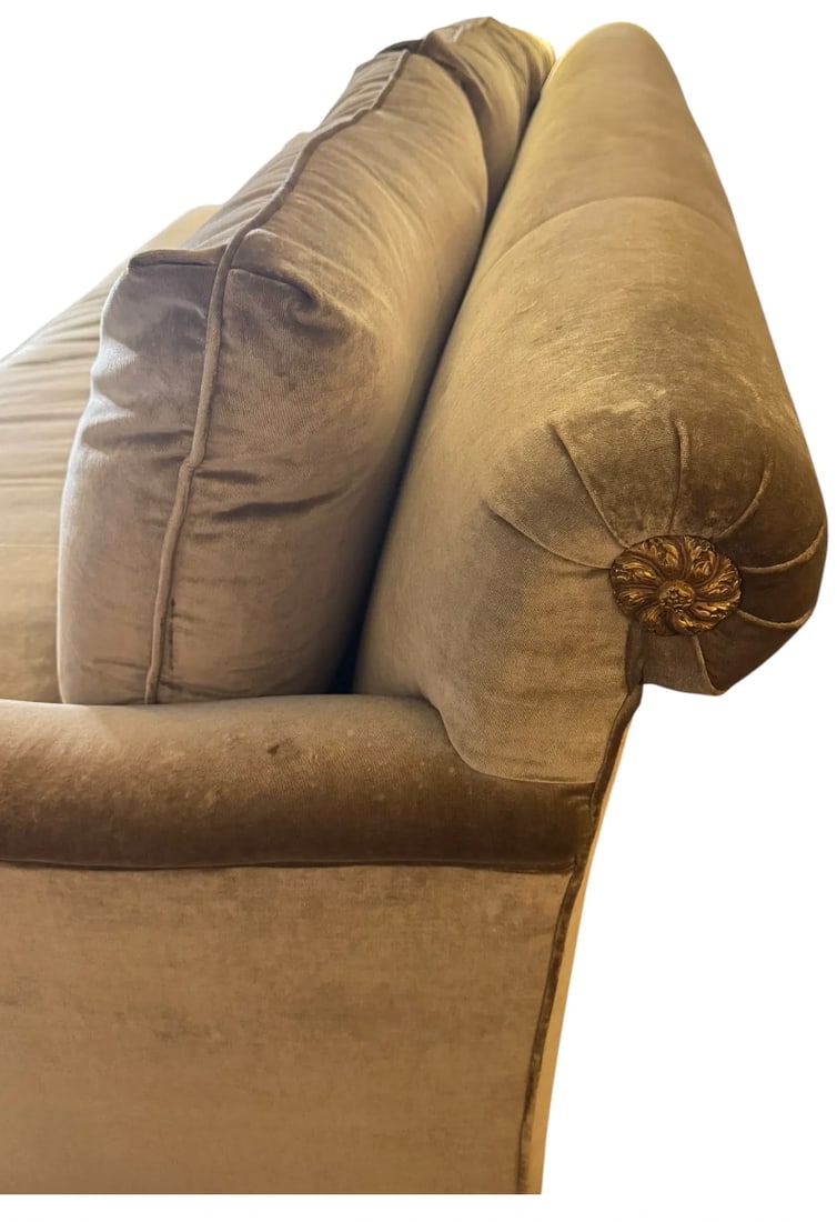 Custom 7ft scroll back velvet sofa with ormolu detail - 3