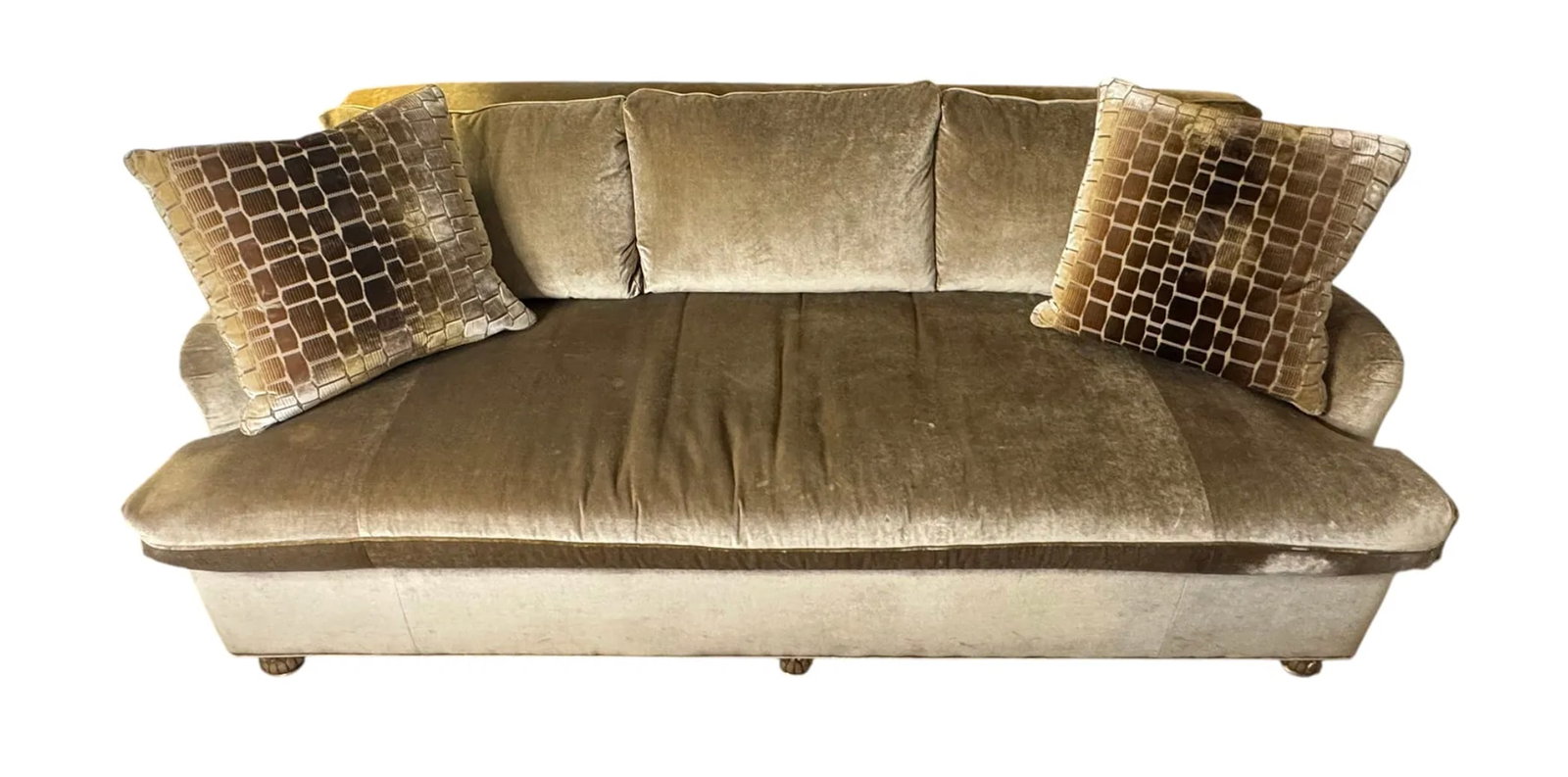 Custom 7ft scroll back velvet sofa with ormolu detail - 6