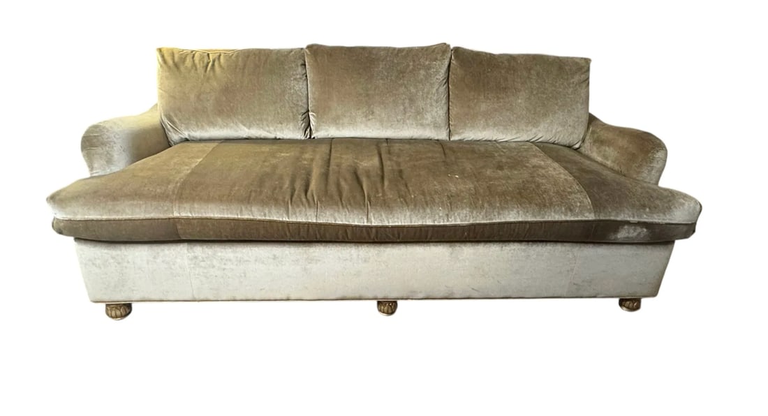 Custom 7ft scroll back velvet sofa with ormolu detail - 7