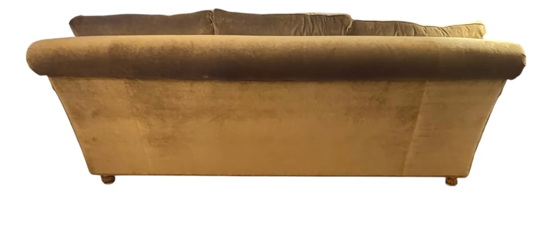 Custom 7ft scroll back velvet sofa with ormolu detail - 9